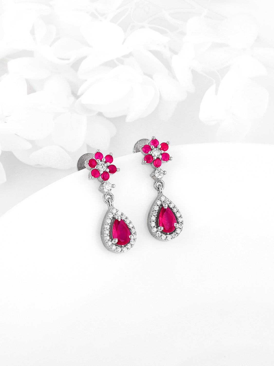 Image of GIVA 925 Silver Pink Flower Mini Drop Earrings|Lifetime Plating|6 Month Warranty Zircon Silver Drops & Danglers