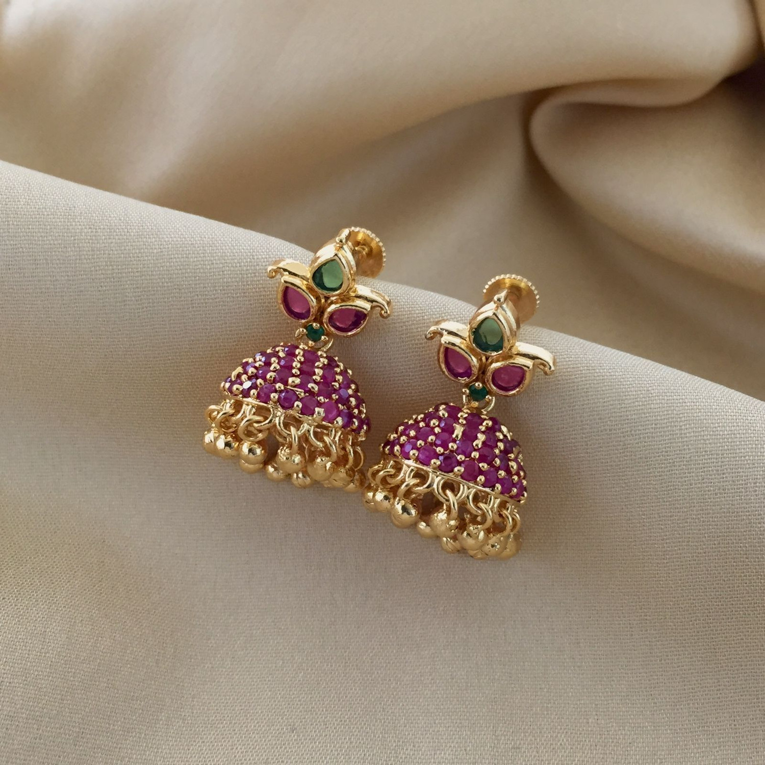 Image of PBM CREATIONS GOLD PLATED AD STONE WEDDING JHUMKI / HOOPS / PEARL STUD / KOREAN EARRING Copper Drops & Danglers, Jhumki Earring