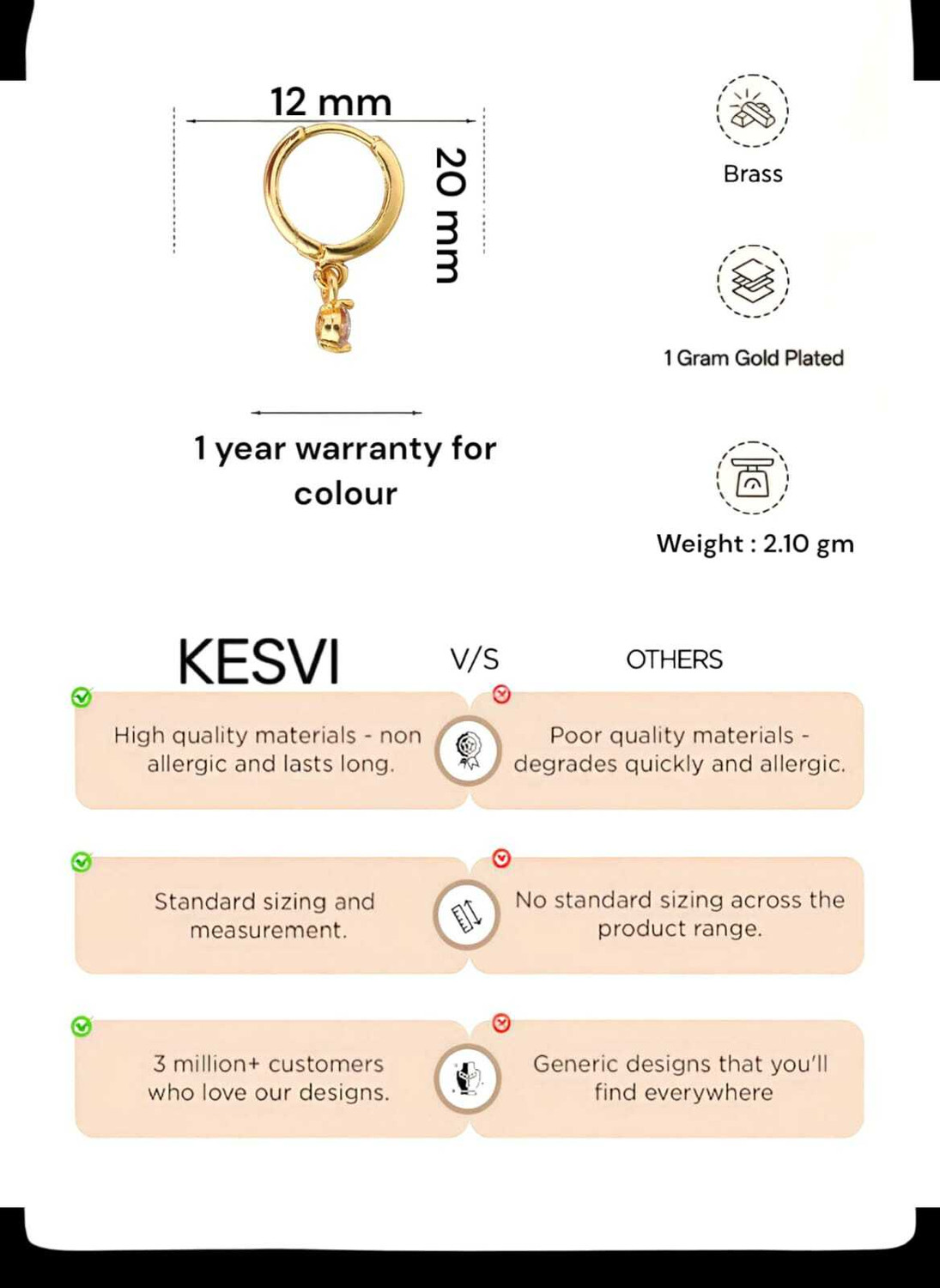 Image of Kesvi 1 GRAM GOLD PLATED DANGLING HOOPS EARRING FOR GIRLS & WOMEN Brass Drops & Danglers, Hoop Earring, Rhinestone Studs, Chandbali Earring, Huggie Earring