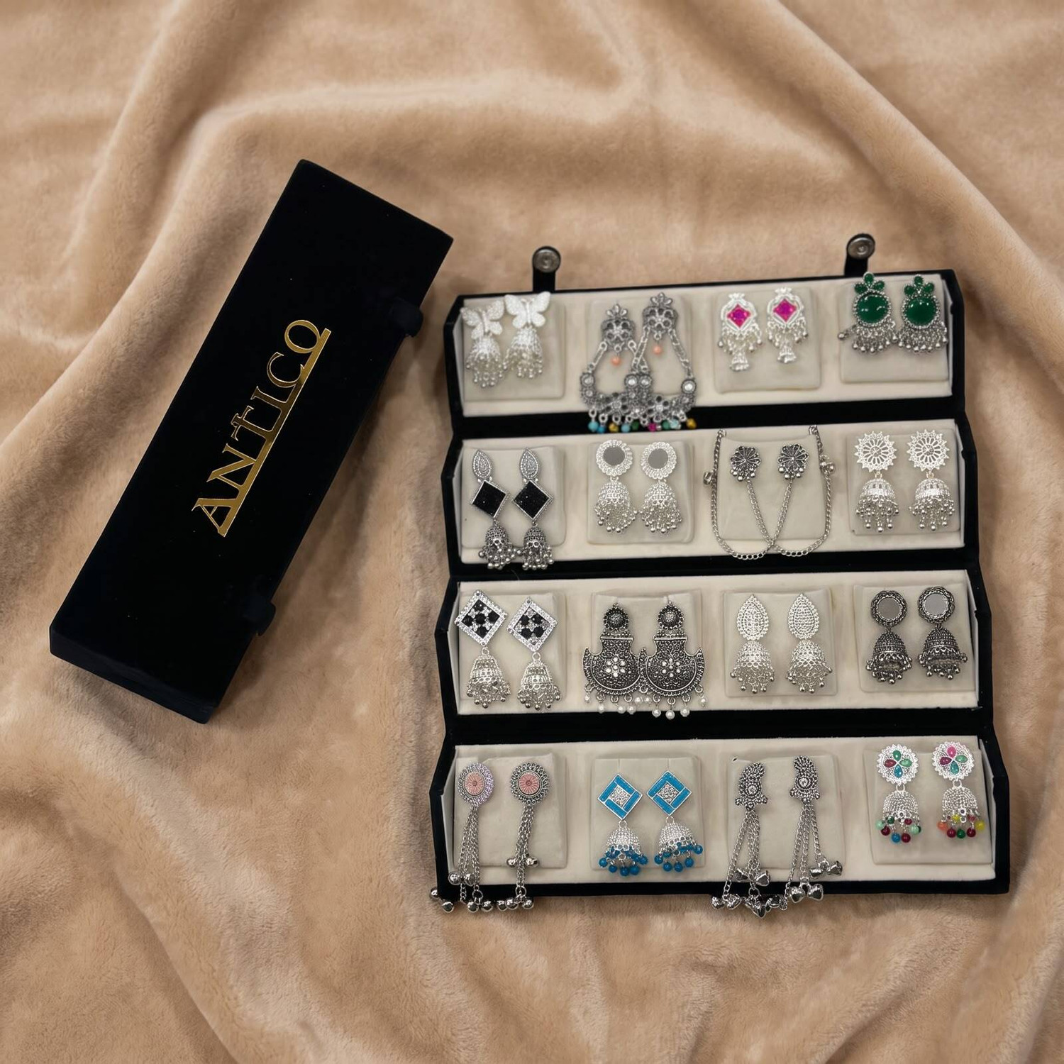 Image of Antico 16 Pair Jaipuri Silver Oxidised Jhumki Earrings with Velvet box for Women. Diamond, Pearl, Beads Brass, Alloy Stud Earring, Drops & Danglers, Jhumki Earring