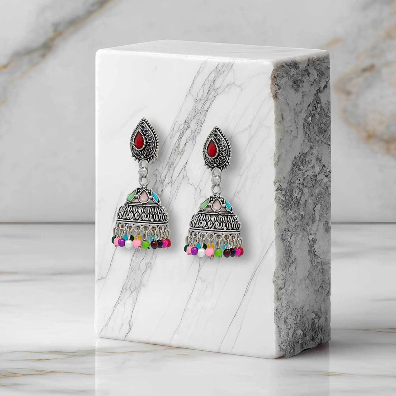 alysa Silver Plated Multicolor Stones & Beads Alloy Jhumki Earring