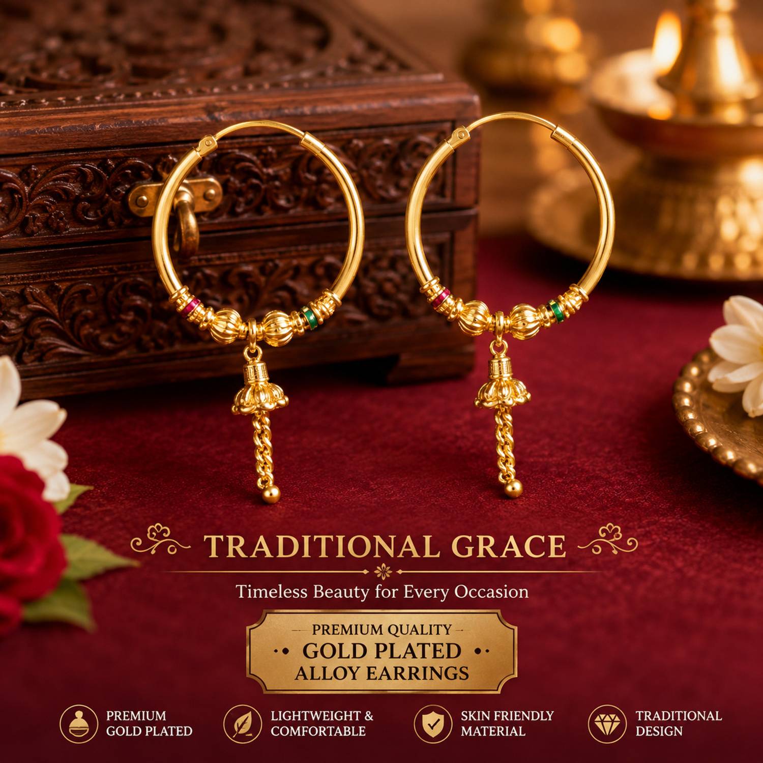 Aksha Gold Plated Ethnic Hoop Bali Dangler Earrings - Image 3
