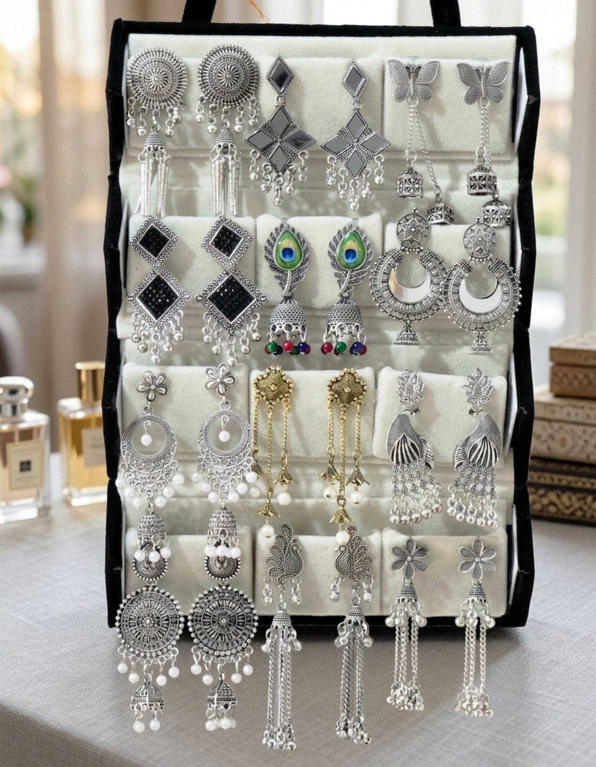 Image of rudrajwels 12 tredisnoal oxidised silver earrings and black valvet box gift combo Pearl Silver, Metal Drops & Danglers, Jhumki Earring, Stud Earring, Hoop Earring