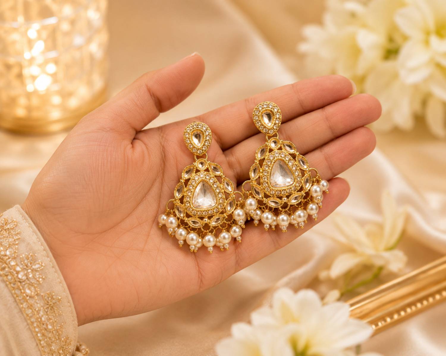 BellaArte Pearl Glow Chandbali Earrings Alloy Chandbali Earring, Drops & Danglers, Jhumki Earring