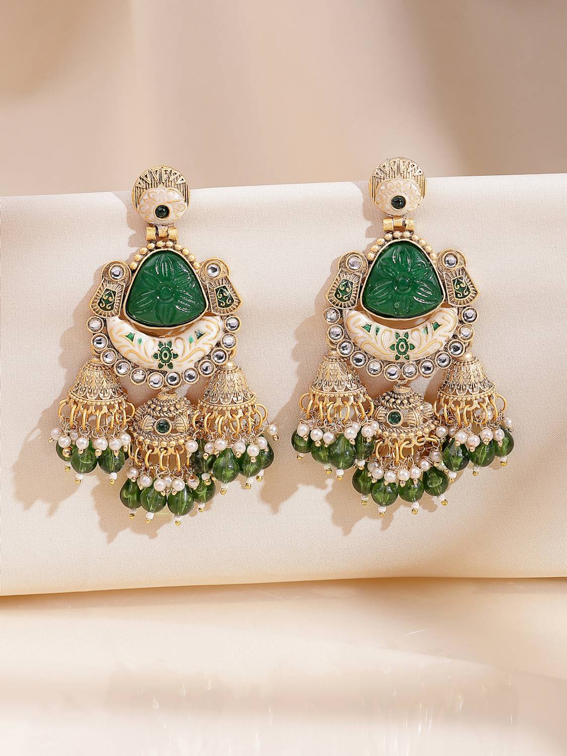 Adiva Gold-Plated Green Onyx & Kundan with Pearl Beads Meenakari Designer Brass Drops & Danglers