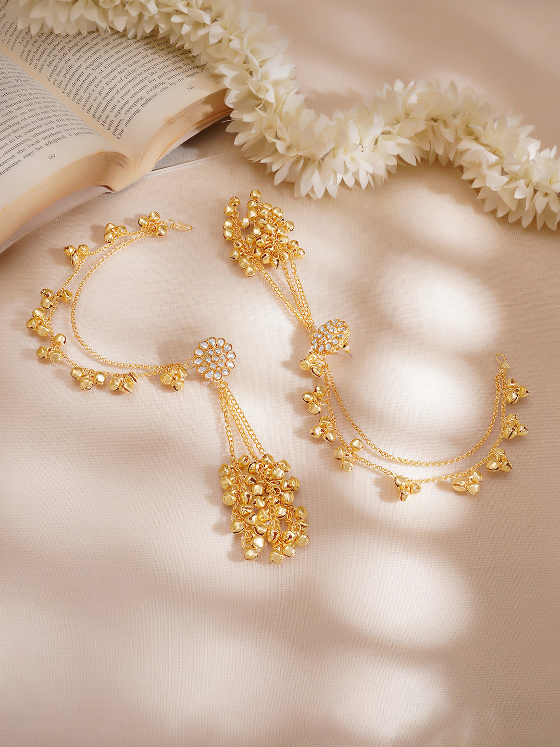 Image of RUBANS 18K Gold-Plated Triple Ghungroo Beaded Ear Chain Extension Ear with Floral Stud Brass Stud Earring