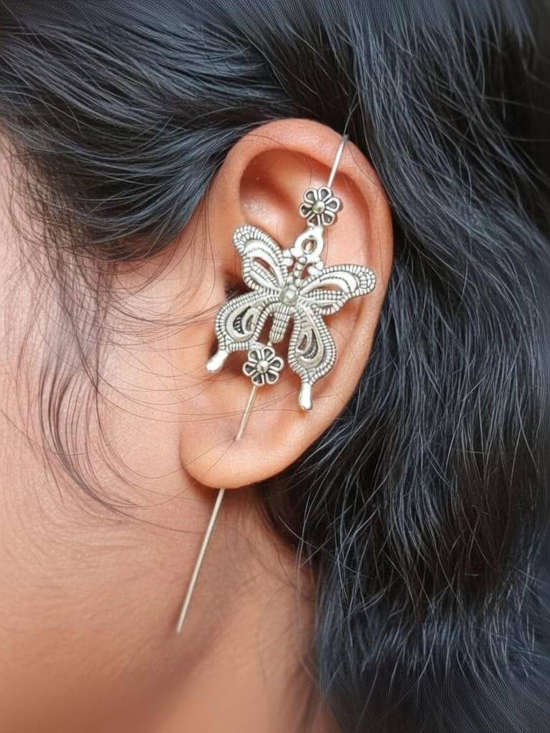 Aktrap Traditonal Oxidised Silver Butterfly Design Bugadi Earrings for Women & Girls German Silver Cuff Earring