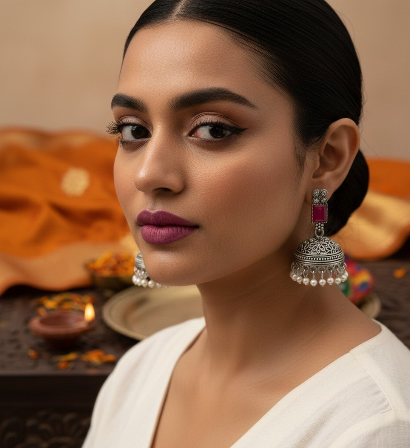 Image of Radhe krishna sales Oxidised Silver Jhumka Earrings with Pink Stone & Pearl Drops Alloy Jhumki Earring