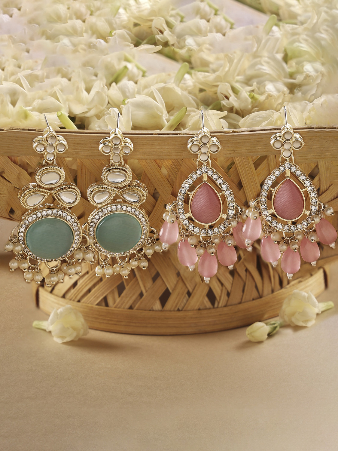 Image of ZAVERI PEARLS Zaveri Pearls Combo of 2 Turquoise Pink Kundan Diamonds Jhumki Earring-ZPFK16865 Beads Alloy Drops & Danglers