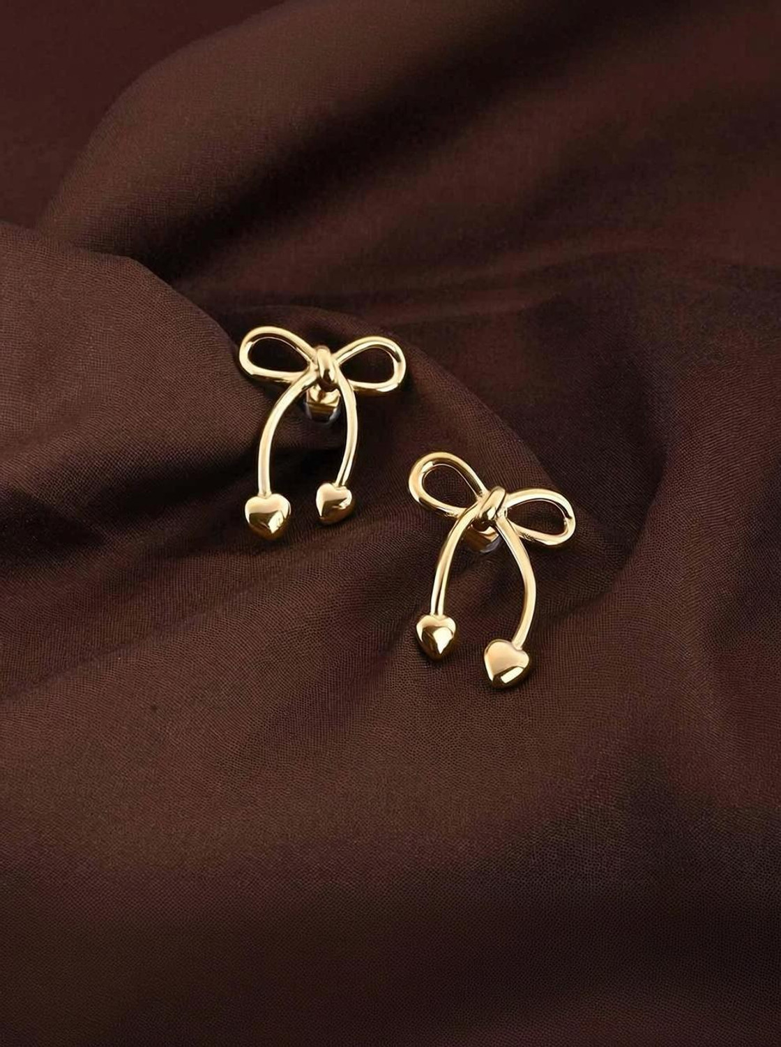 Image of PALMONAS Unique Gold Bow & Heart Drop Earrings Stainless Steel Drops & Danglers