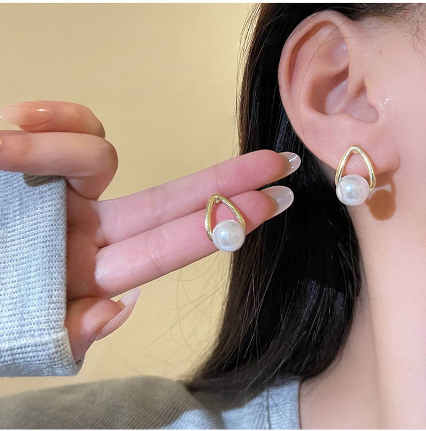 BlueShine Korean Triangle Gold Plated Pearl Earring for Women Girls Trendy western Wear Alloy Stud Earring
