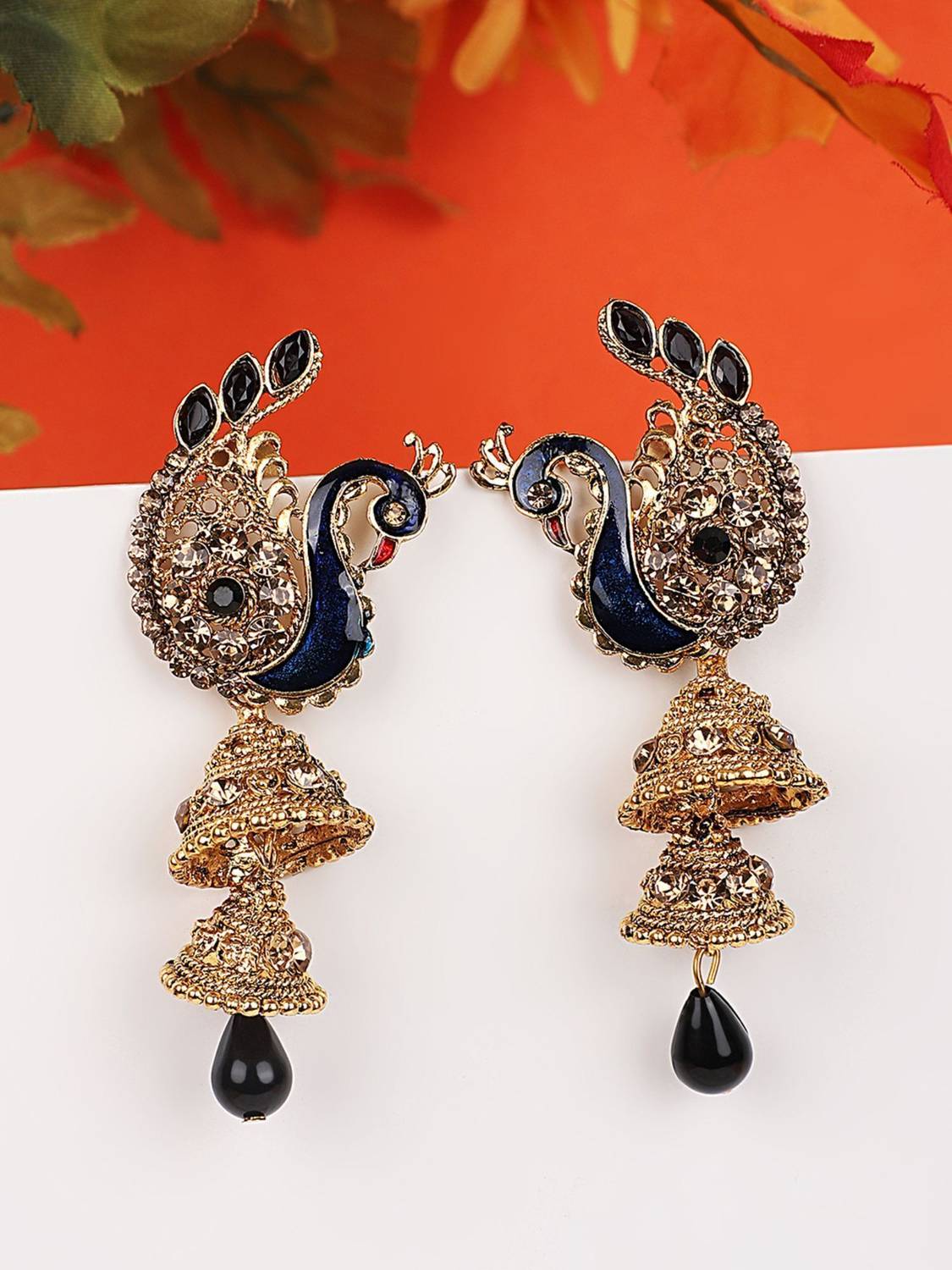Anika's Creation Traditional Peacock Shape Black Stone Studded 2 Floor Jhumka Earring_ANIK Cubic Zirconia Brass Jhumki Earring