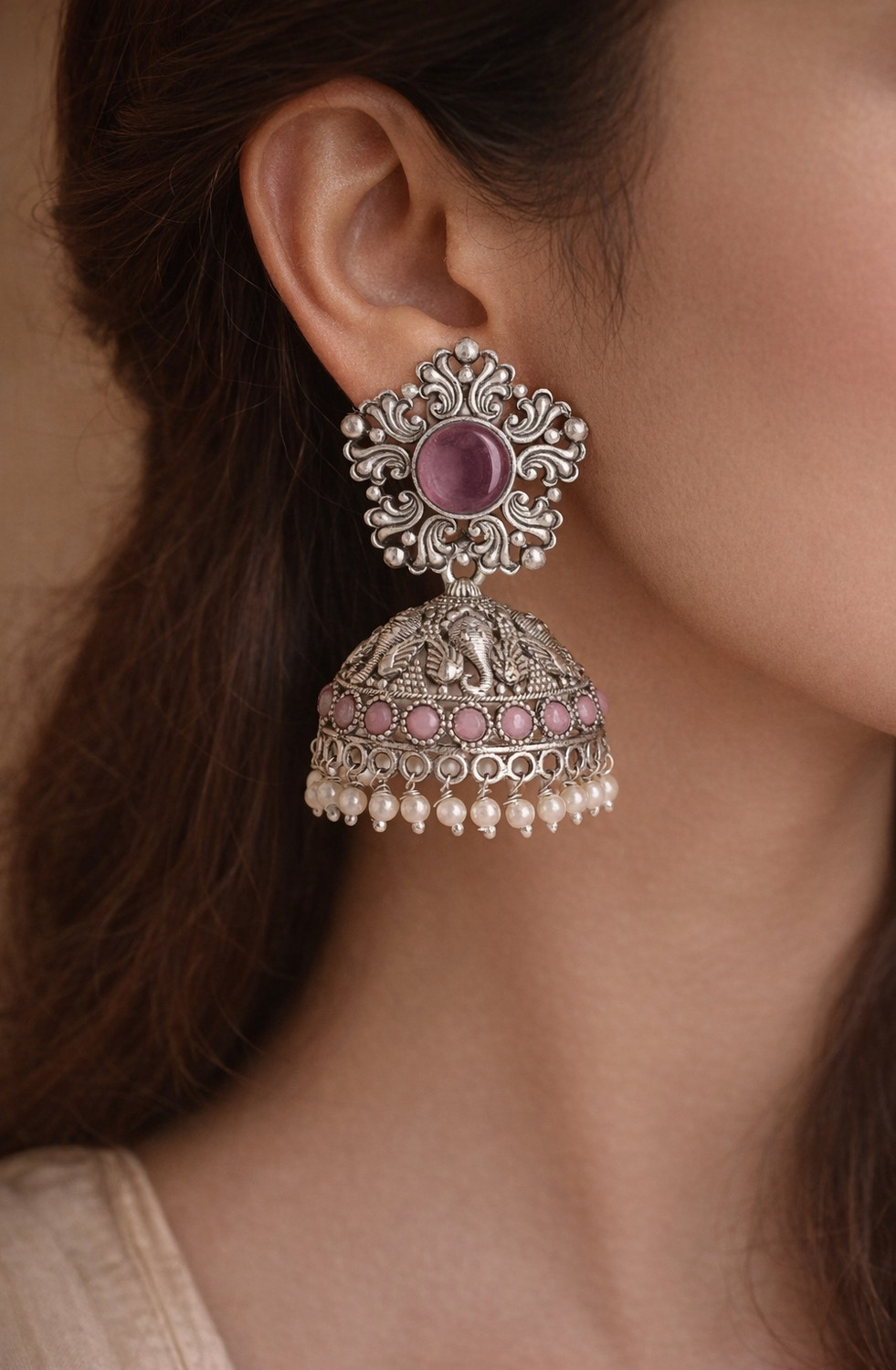 Image of KAYAANSH ​Oxidized Silver Ganesha Motif Pearl Jhumka Earrings Pearl Alloy Jhumki Earring