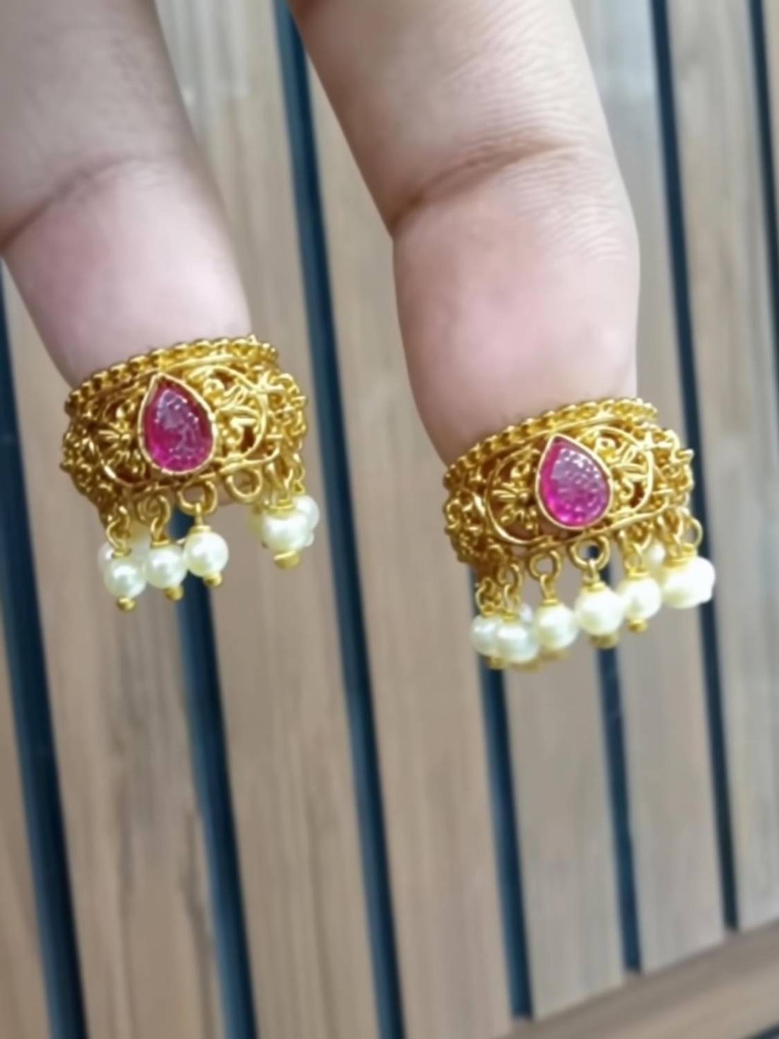 CHICLY Traditional Gold Finish red stone Bugadi Ear Cuff with Pearl Drops Brass Cuff Earring