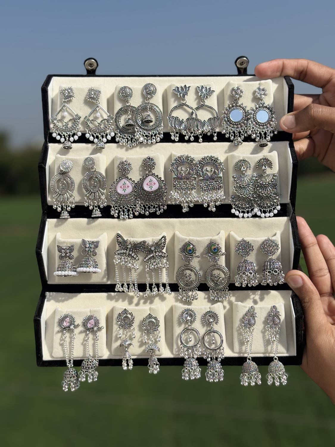Treviyaa Viral 16 Pair Oxidised Earring Set with Folding Jewelry Box