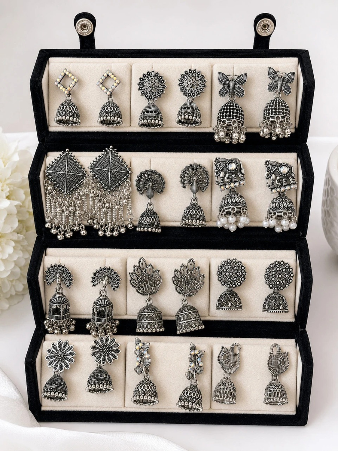 Image of IVORRA 12 Pairs Oxidised Silver Jhumka Earrings Box for Women Premium Box Alloy Chandbali Earring, Earring Set