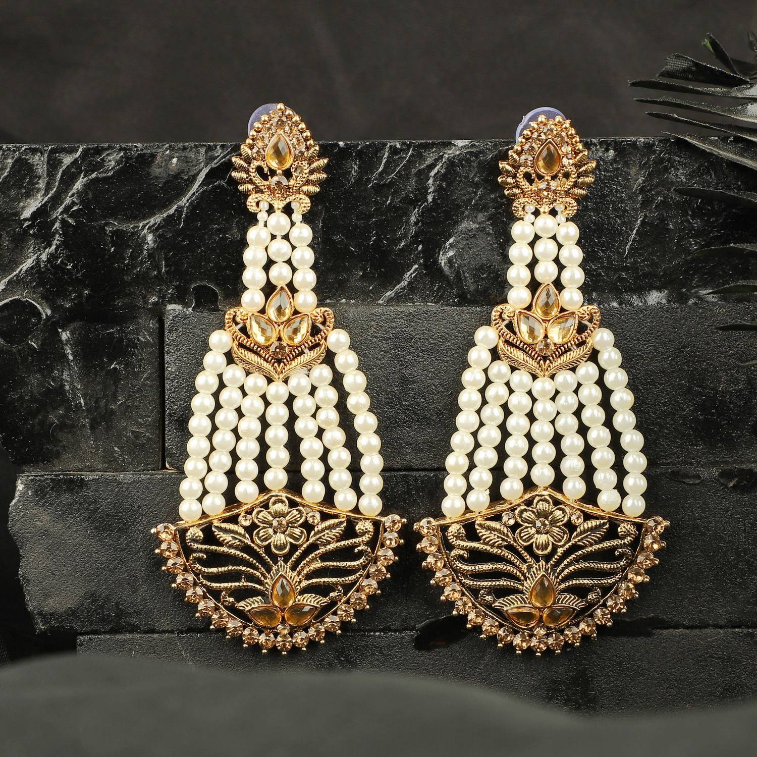 Anika's Creation Anikas Creation Traditional Pearl Strings Gold plated Stone Studded Bridal Earrings Pearl Alloy Drops & Danglers