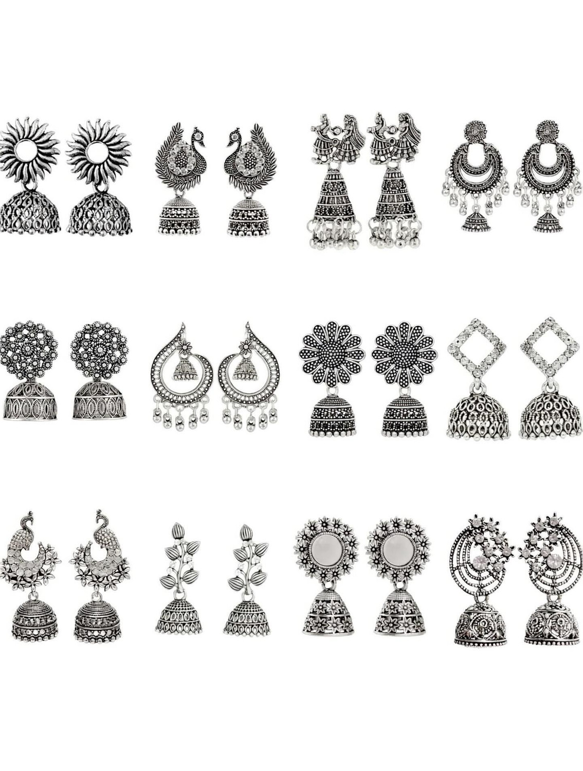 Image of JV CREATION Premium Silver Jhumki Earrings ( Pack Of 12 ) Oxidised Jhumka Earrings Cubic Zirconia Alloy Chandbali Earring, Drops & Danglers, Jhumki Earring, Stud Earring, Earring Set