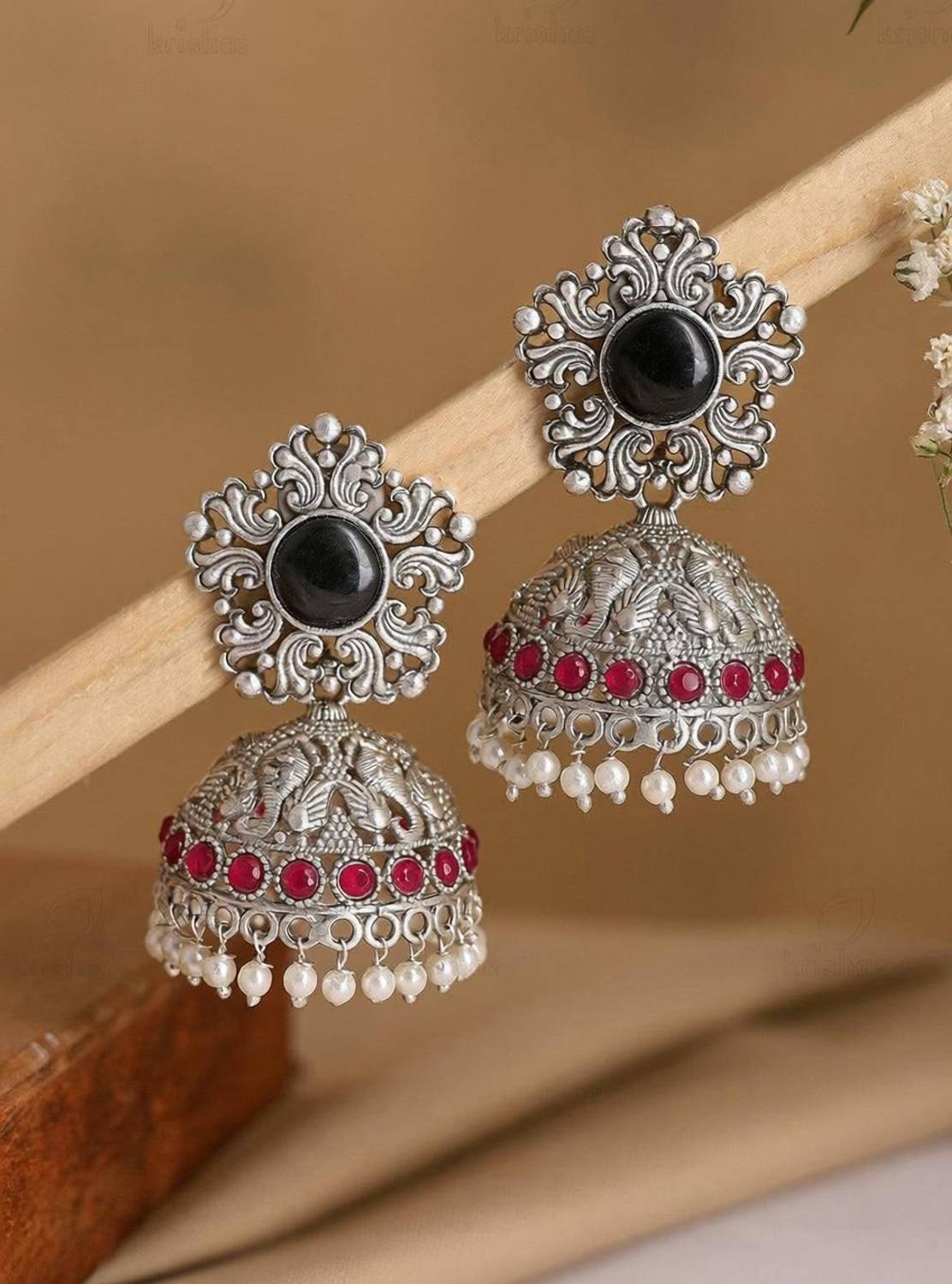 AKENTRPRISE Oxidised Silver Elephant Motif Jhumka Earrings with Black Stone & Pearl Drops Alloy Jhumki Earring