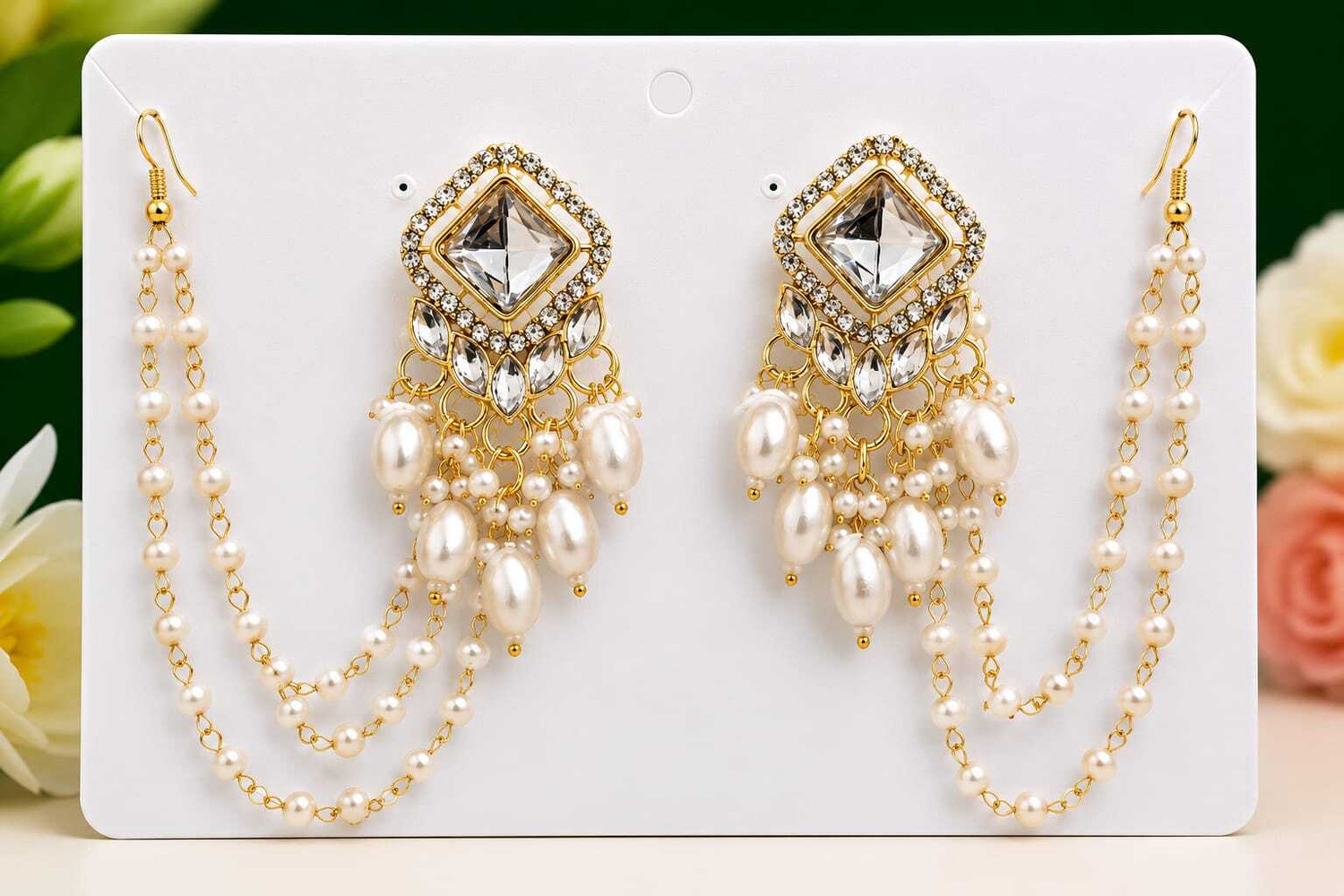 Image of Luvira Pearl Kaan Chain Crystal Chandelier Earrings Traditional Party Wear Jewelry Alloy Drops & Danglers, Chandbali Earring