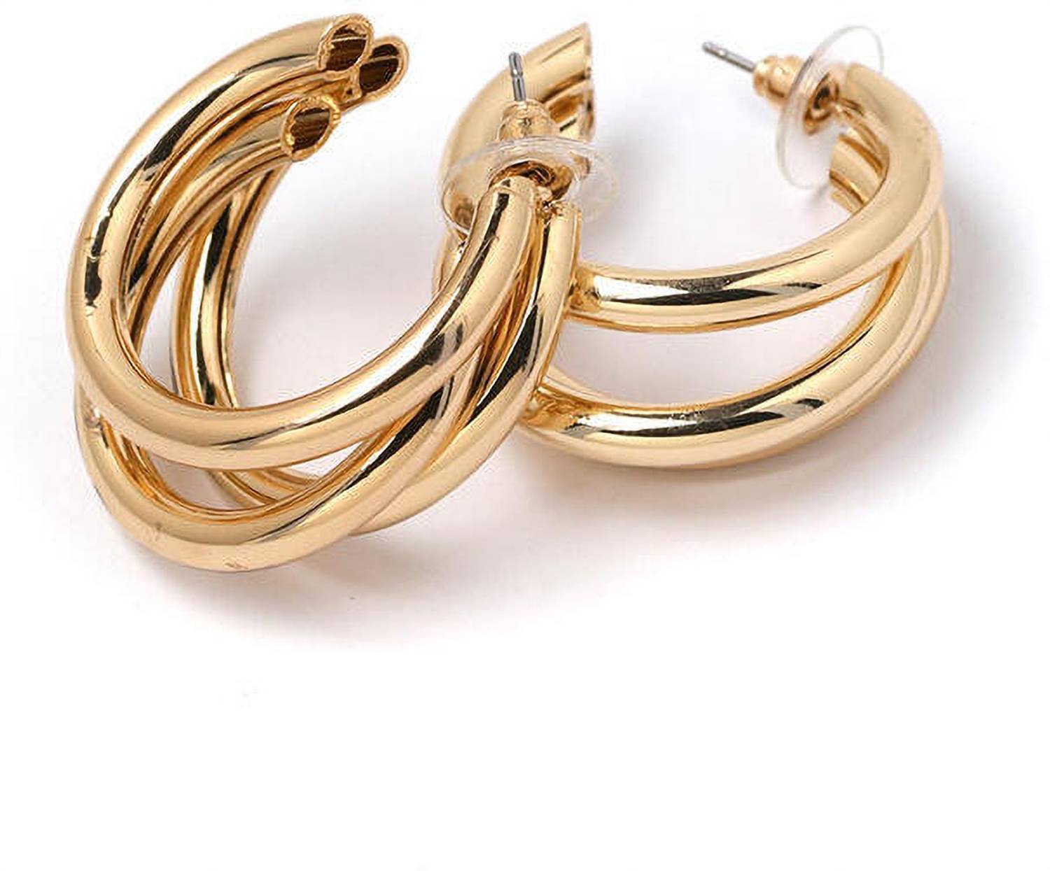 Celestique Korean Gold-Plated Triple Curved Metal Hoop Earring Alloy Hoop Earring