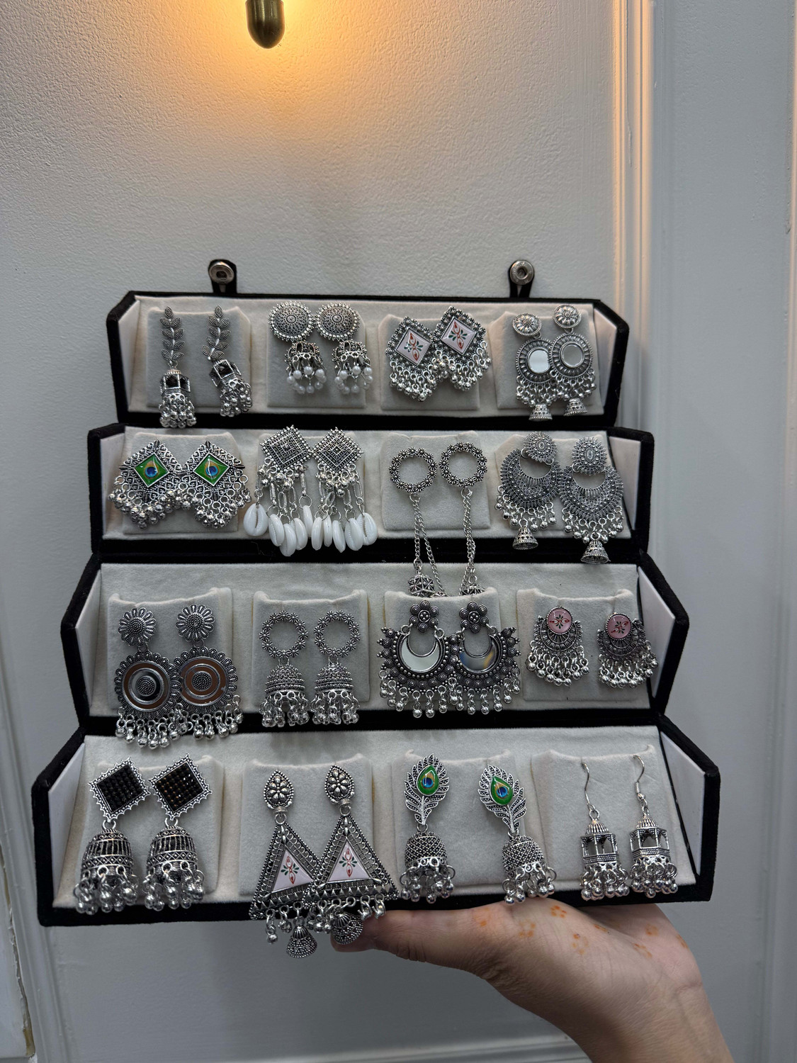 Image of Treviyaa Viral 16 Pair Oxidised Earing Set With Folding Jewelery Box | WITH LOVE NOTE Alloy Jhumki Earring