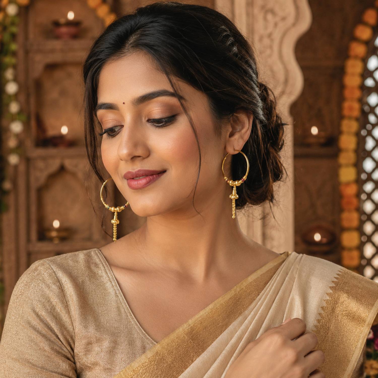 Aksha Gold Plated Ethnic Hoop Bali Dangler Earrings - Image 2