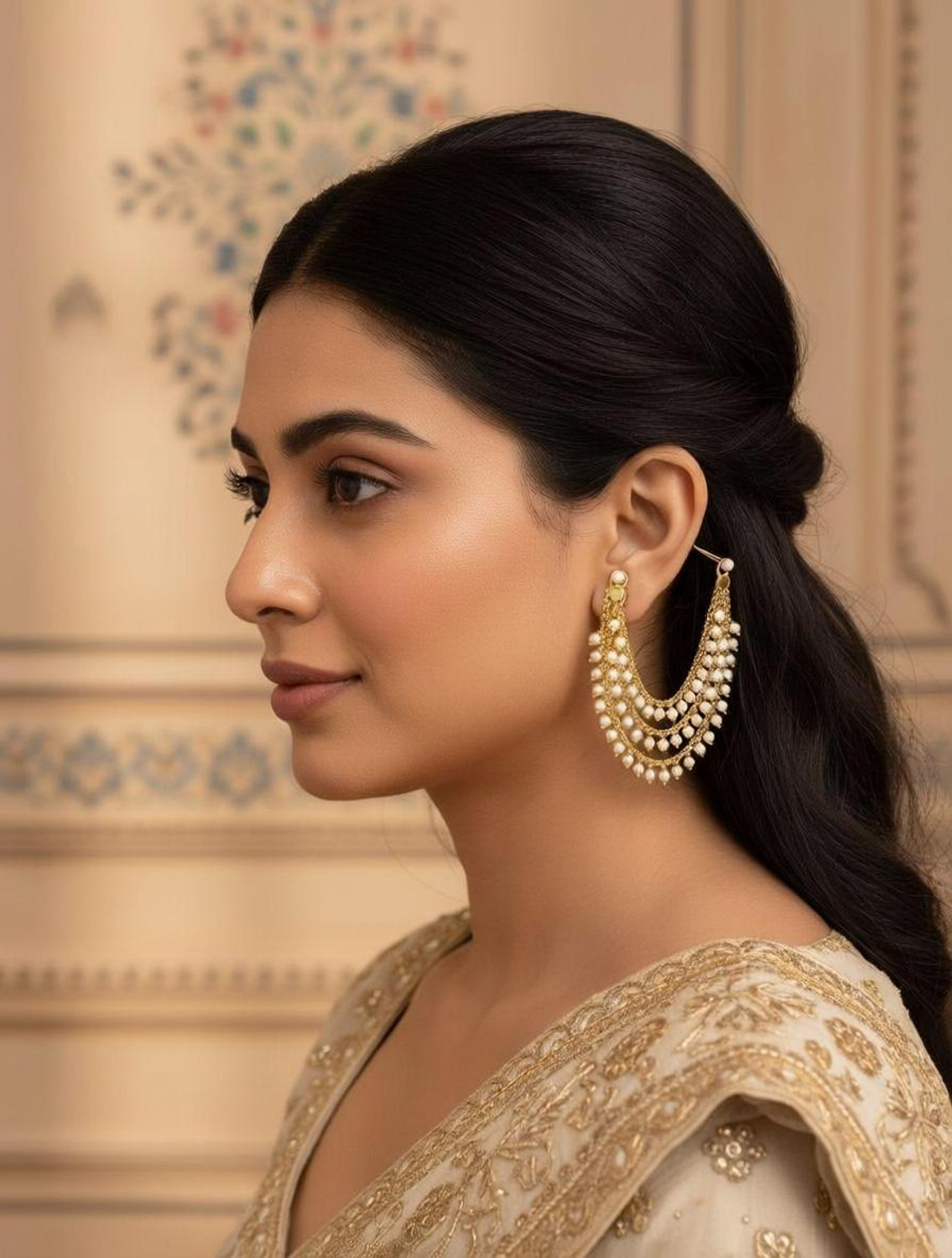 Image of Sulakshyaa Temple Jewellery Small Pearl Beads Statement Chain Clip on hair champaswaralu Alloy Jhumki Earring