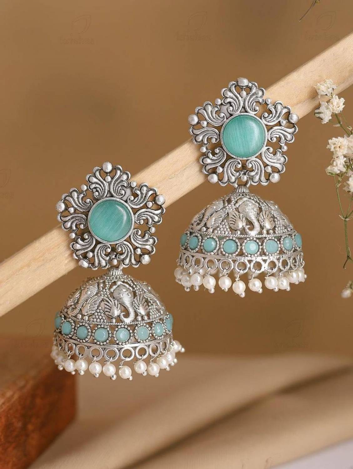 AKENTRPRISE Oxidised Silver Turquoise Stone & Pearl Beaded Temple Jhumka Earrings Beads Alloy Jhumki Earring