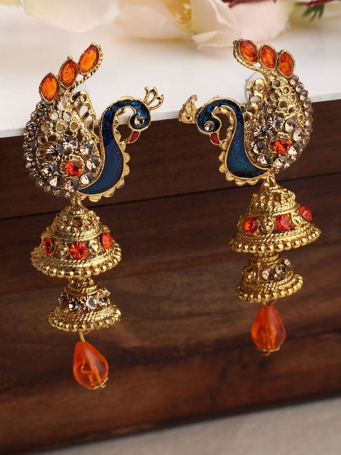 Anika's Creation Traditional Peacock Shape Orange Stone Studded 2 Floor Jhumka Earring_ANIK Cubic Zirconia Brass Jhumki Earring