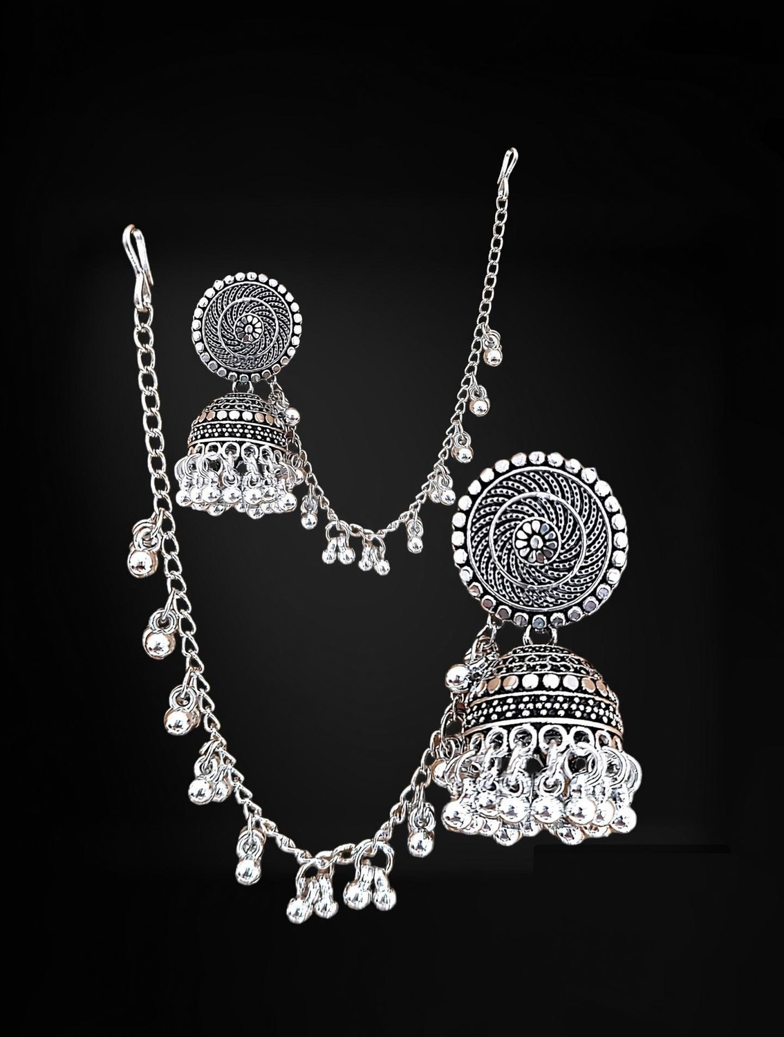 Image of Homemet Bahubali Earrings for Women Long Jhumki Silver Bahubali Baliyan Jumka Hair Chain White Metal Jhumki Earring, Earring Set