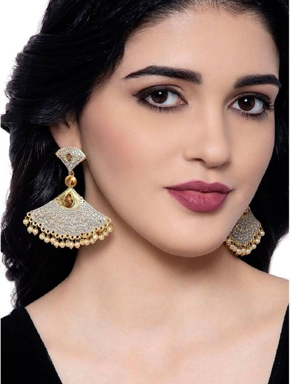 Anika's Creation Traditional Gold Plated Kundan Pearl Classic Enamelled Danglers For Women And Girls Cubic Zirconia, Beads Alloy Drops & Danglers