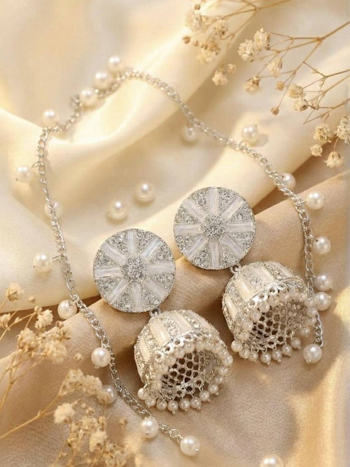 Aadya Collections Royal Silver-Toned Crystal Jhumka Earrings with Multi-Layer Ear Chains Alloy Chandbali Earring, Jhumki Earring