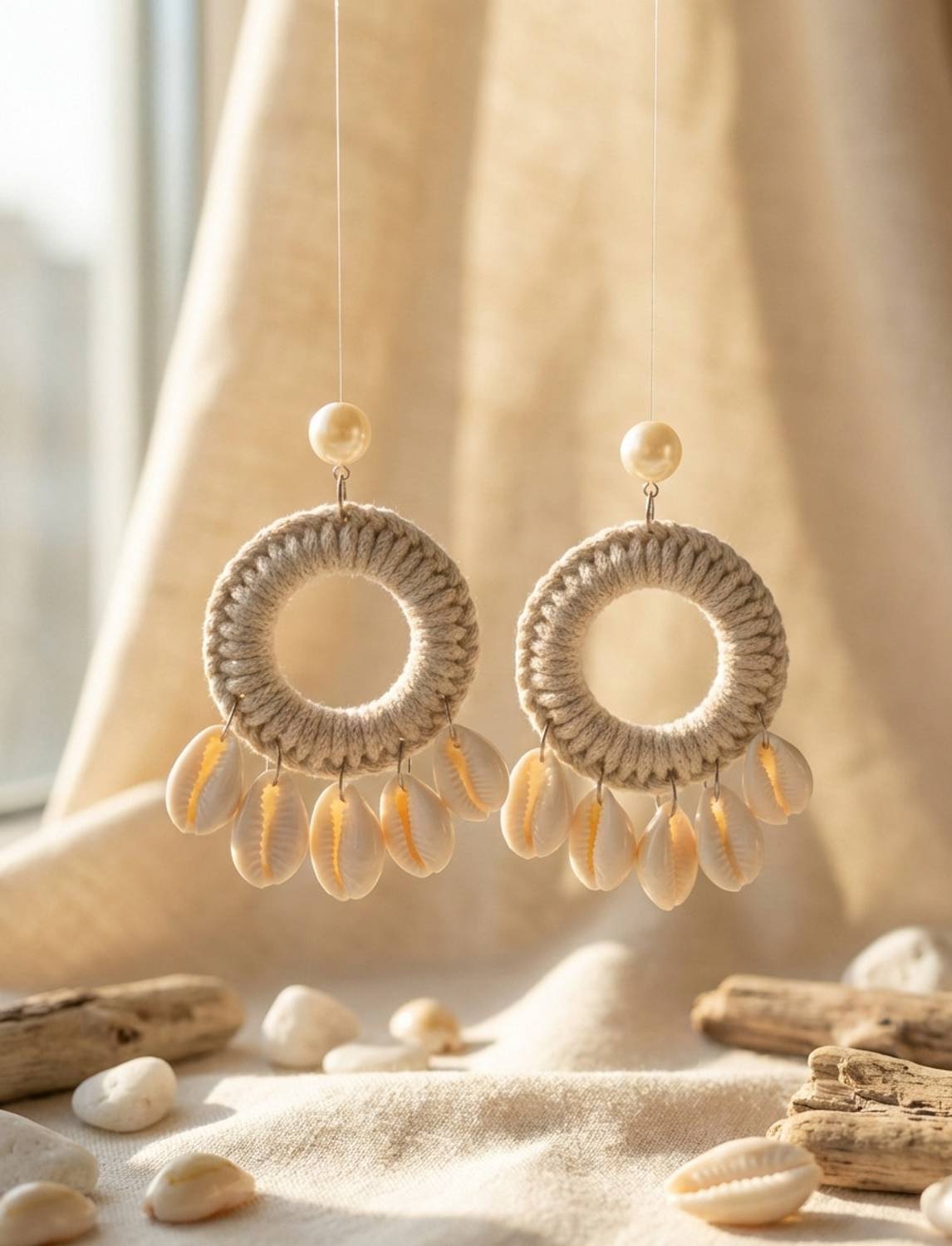 Ahritvi Boho Shell Drop Earrings for Women, Dangle Earrings with Cowrie Shells Cotton Dori Tassel Earring