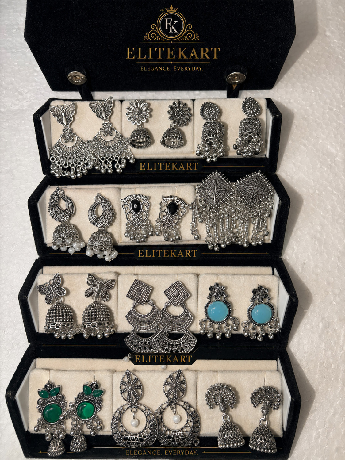 Image of ELITEKRTZ 12 Pairs Oxidised Silver Jhumka Earrings Box for Women Premium BOX Alloy Jhumki Earring, Drops & Danglers, Chandbali Earring