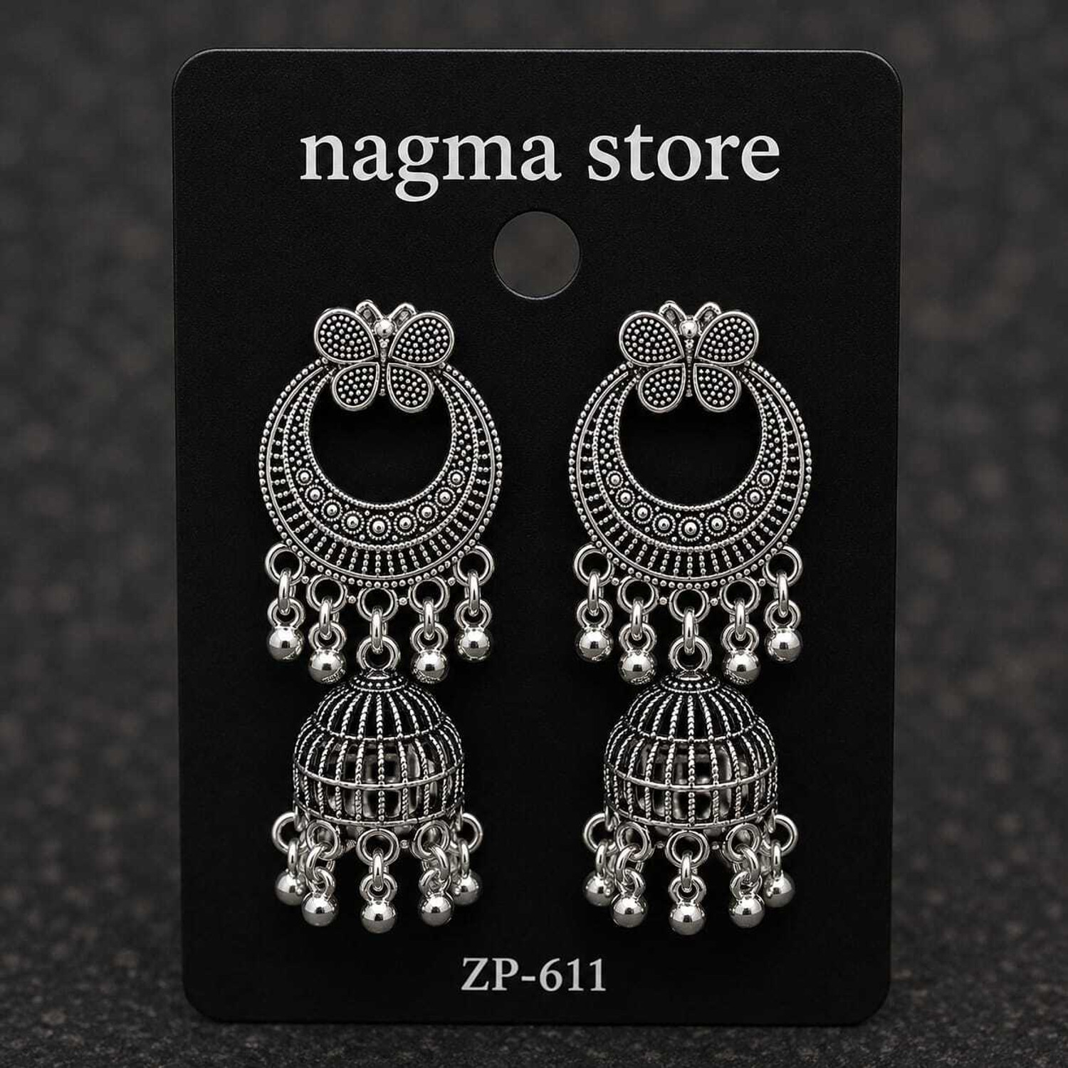 Image of nagma store Pack Of 6 Oxidised Silver Jhumka Earrings Alloy Cuff Earring, Drops & Danglers, Earring Set, Hoop Earring, Huggie Earring, Jhumki Earring