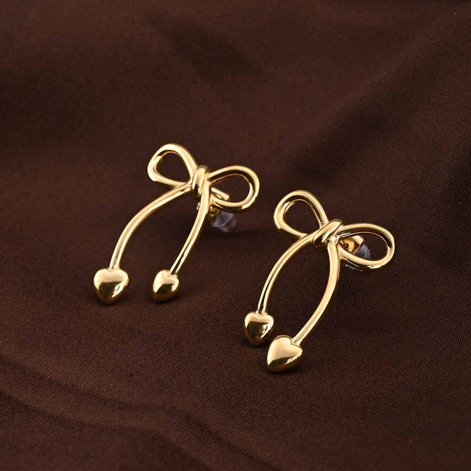 Image of PALMONAS Unique Gold Bow & Heart Drop Earrings Stainless Steel Drops & Danglers
