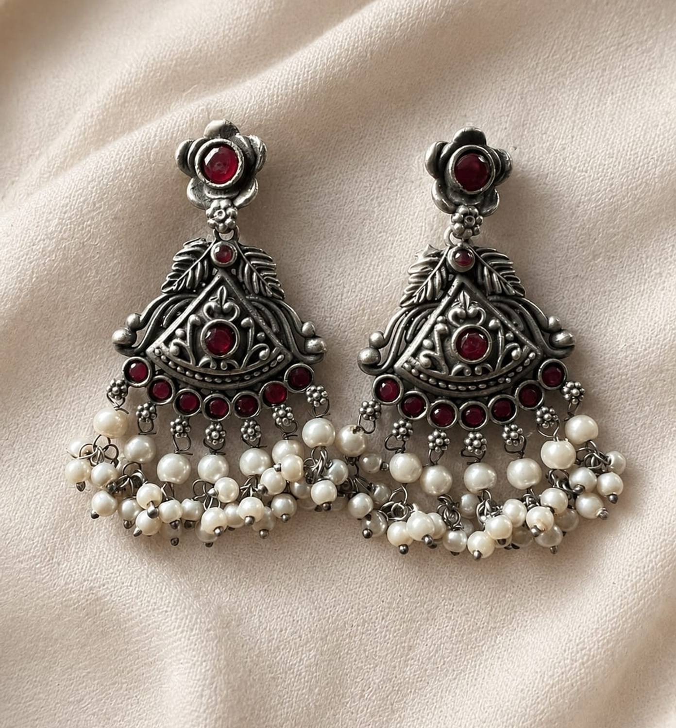 Aurvix Ruby Pearl Heritage Chandbali Earrings Crystal Brass Drops & Danglers