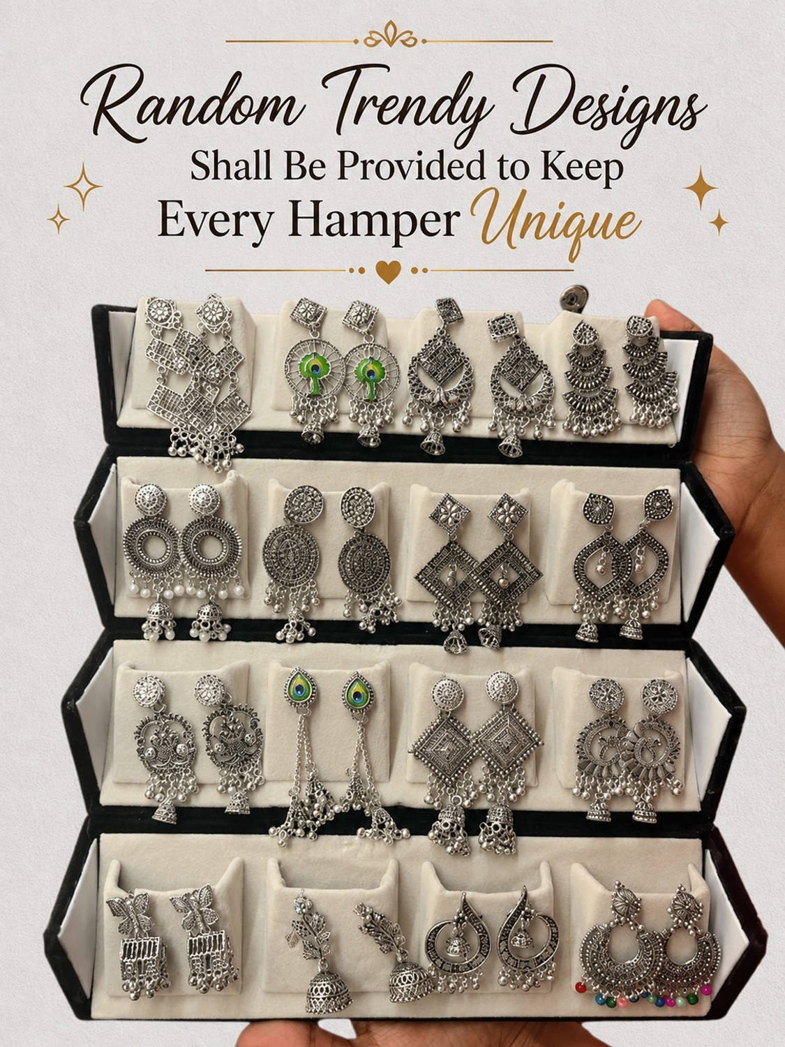 Image of Treviyaa Viral 16 Pair Oxidised Earing Set With Folding Jewelery Box | WITH LOVE NOTE Alloy Jhumki Earring
