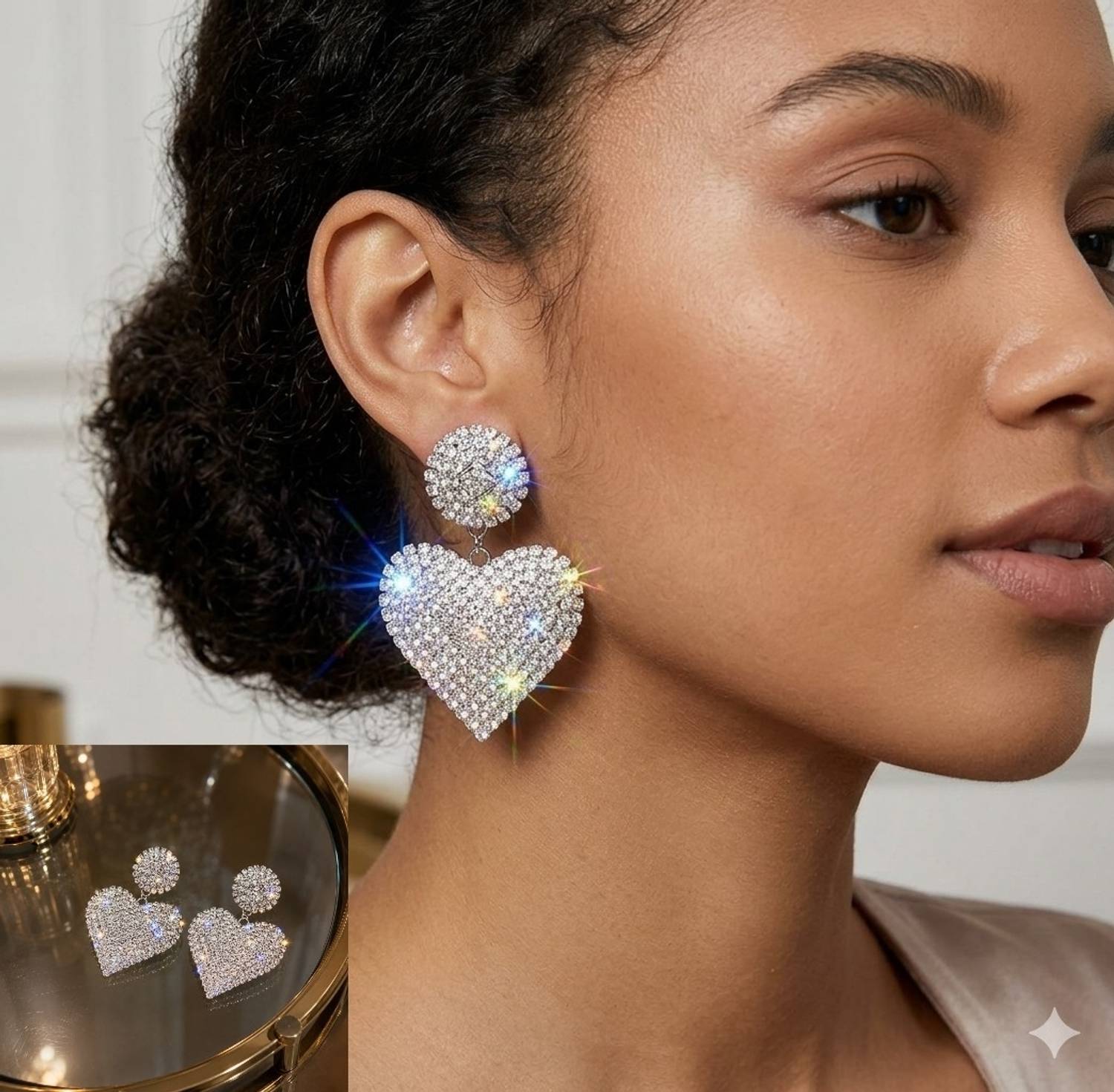 ALIZ FASHION Rainbow crystal heart drop earrings⁶ White Zircon Stone, Alloy, Zinc, Silver Stud Earring, Drops & Danglers, Hoop Earring, Tassel Earring