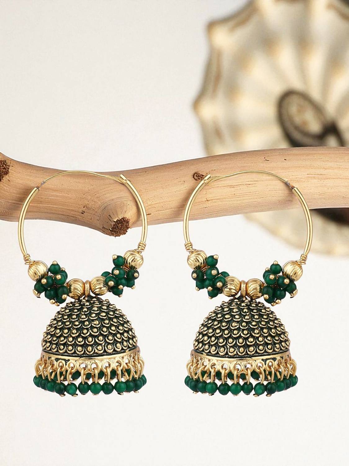 BHANA FASHION BHANA FASHION Traditional Gold Plated Enamelled Green Jhumka And Hoop Baali Earring Pearl Brass Hoop Earring
