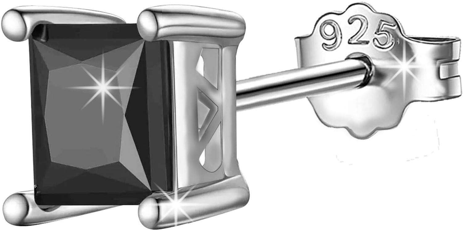 Image of SIVYAA 3MM Men's 1 Pcs Black Square Solitaire Diamond Earrings|925 Silver|Gift Men Boy| Cubic Zirconia Sterling Silver Stud Earring, Earring Set