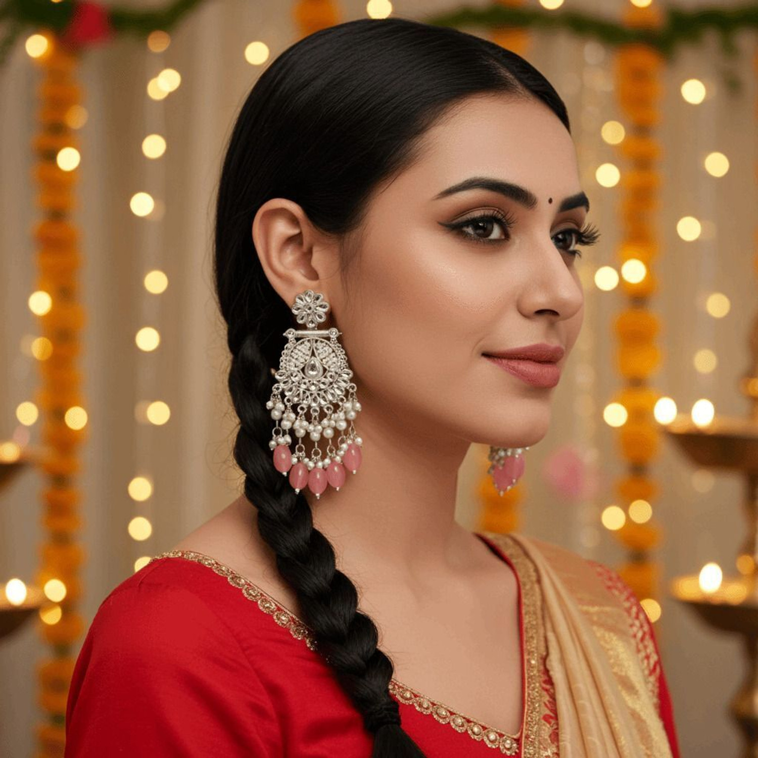 Image of TESSARA Traditional Gold Plated Kundan Pearl with Pink Beads Drop Earrings for Women Alloy Drops & Danglers
