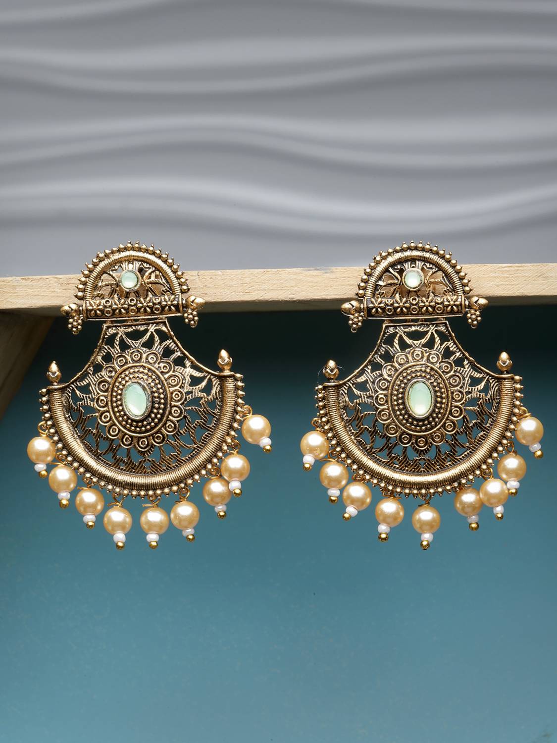 Adiva ADIVA Antique Gold-Plated Sea Green & Pearl Handcrafted Drop Earrings Alloy Drops & Danglers