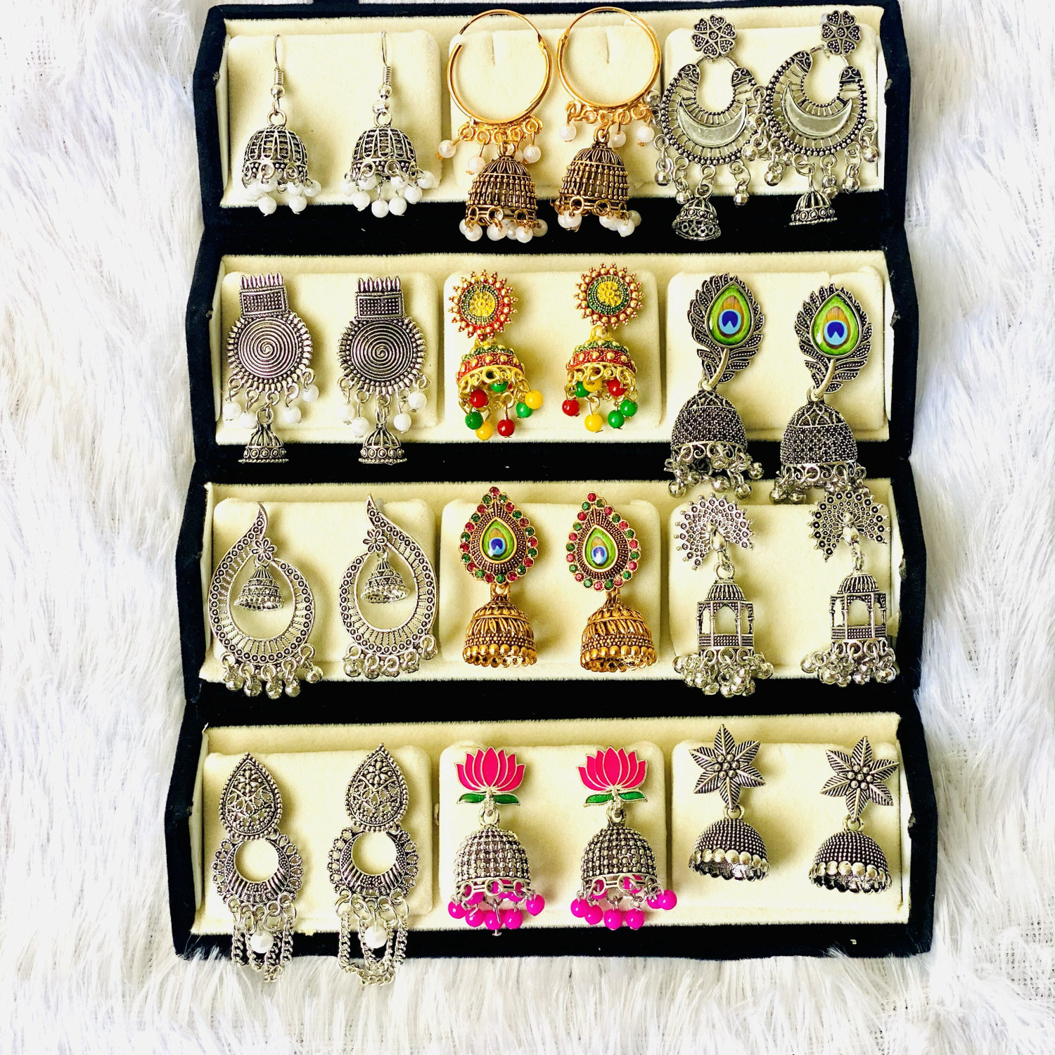 Image of RATNAASYA Traditional Oxodised 12 Pairs jhumki Earrings combo set Cubic Zirconia Alloy, Sterling Silver Chandbali Earring, Drops & Danglers, Earring Set, Hoop Earring, Jhumki Earring