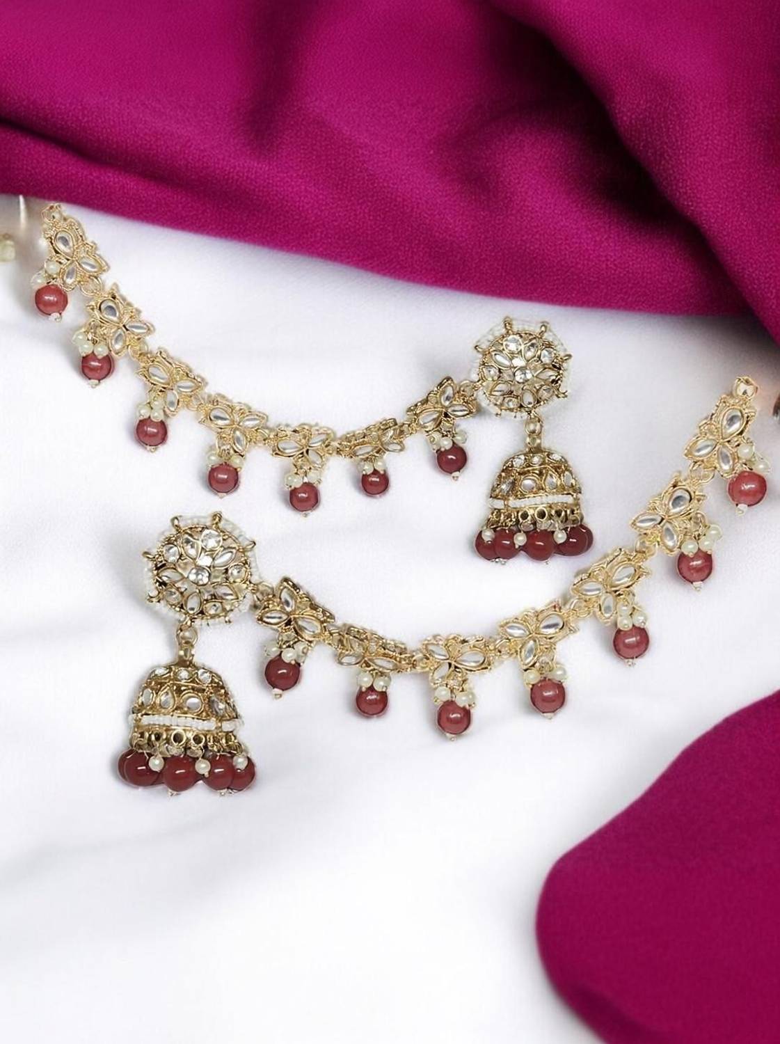 AjaraGems Maroon Color Traditional Bahubali Jhumka Earrings for Women Alloy Earring Set