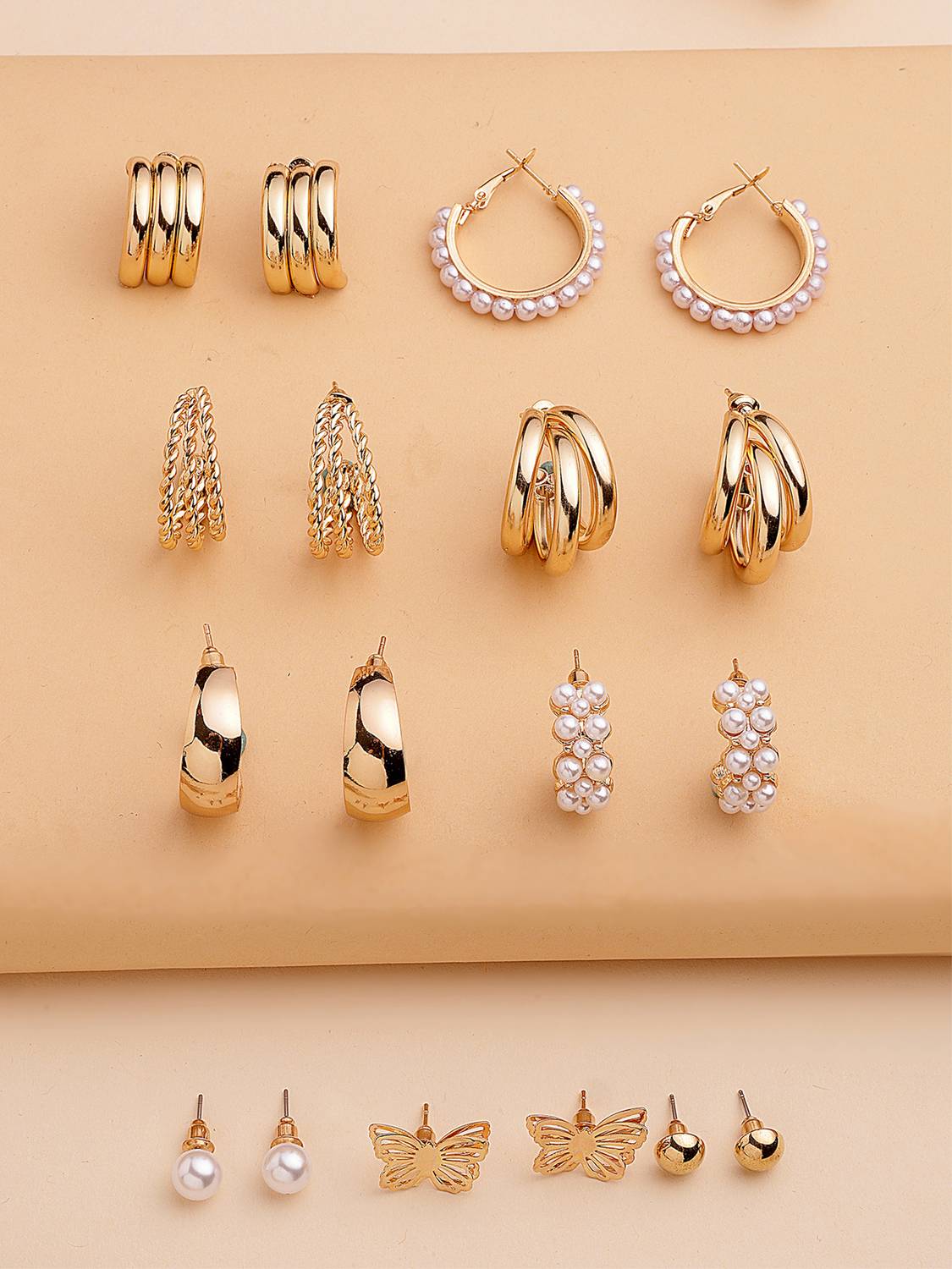 Bohey by KARATCART Set of 9 Gold-Plated Multi-Design Stud and Hoop Earrings for Women Alloy Earring Set