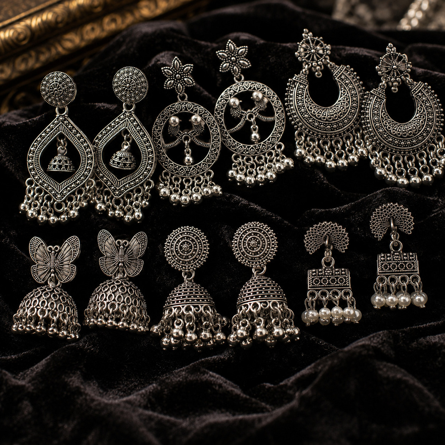 Image of Zyqora Oxidised Jhumka Earrings 12 Pairs Combo Set for Women Girls Ethnic Wear Alloy, Steel Earring Set, Jhumki Earring