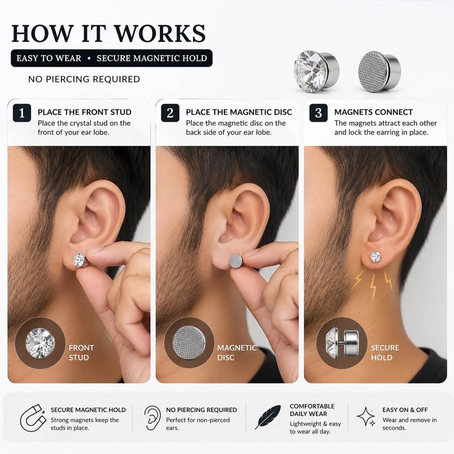 Sovrika Men's Magnetic Bali Earring Clip On Steel Crystal - Image 4