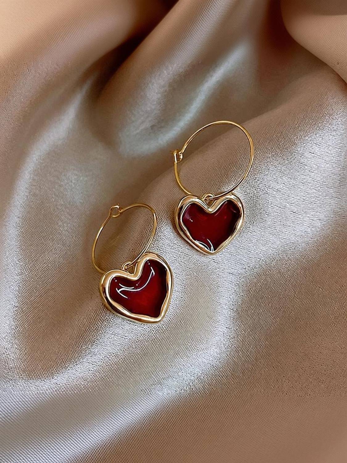 alinora jewels Scarlet Heart Hoop Earrings| Red Enamel Heart Dangle Earrings for Women & Girls Alloy Drops & Danglers